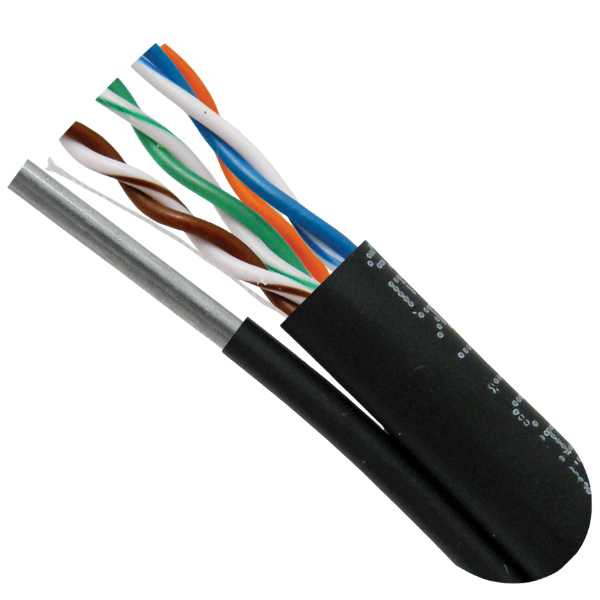 CAT5E Outdoor UV Rated Bulk Cable with Messenger - 1000ft Wooden Spool - Black