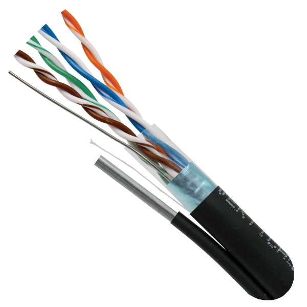 cat5e shielded outdoor uv rated bulk cable with messenger - 1000ft wooden spool - black